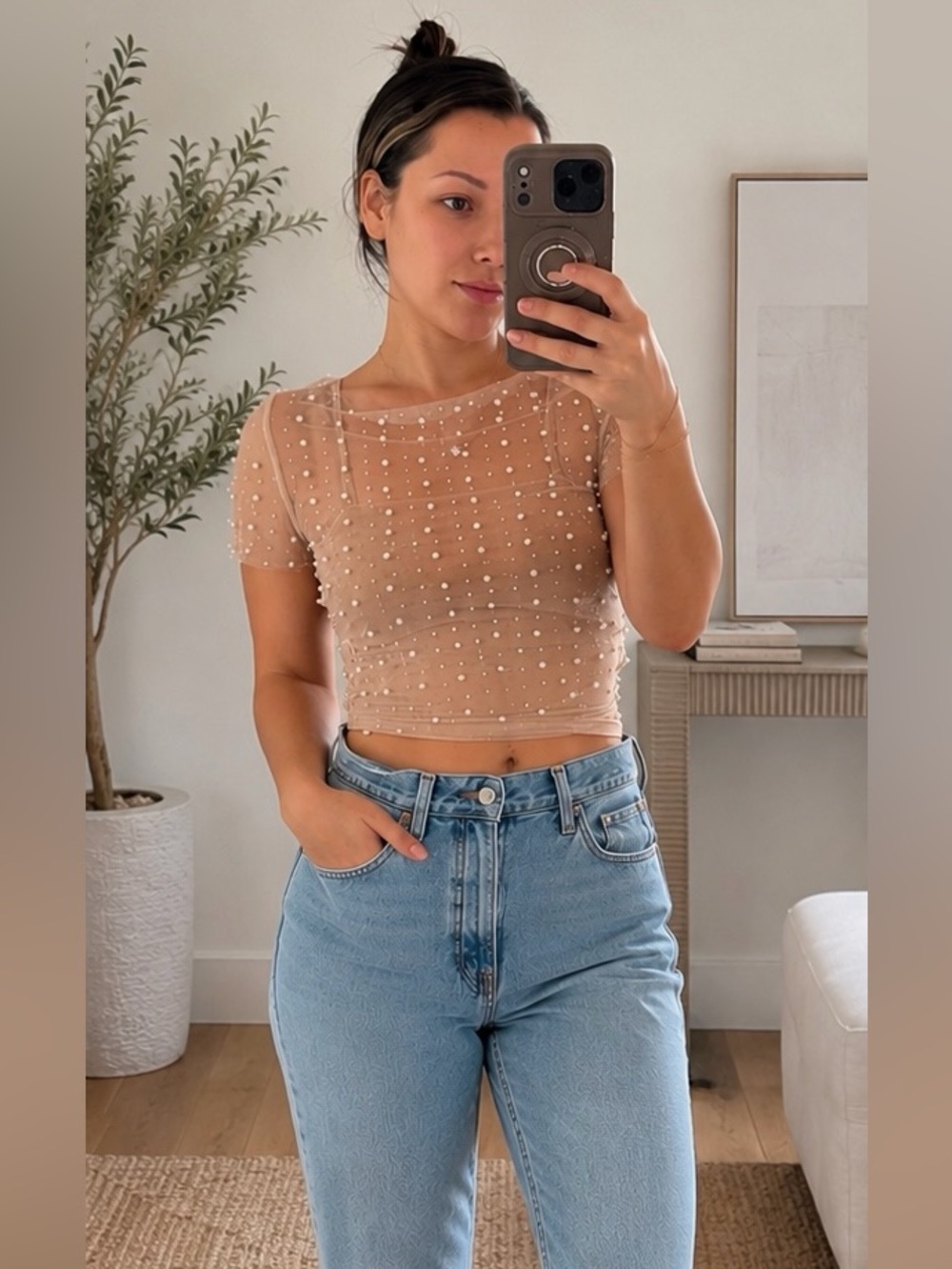 Altar’d State Sheer Pearl Embellished Mesh Crop Top